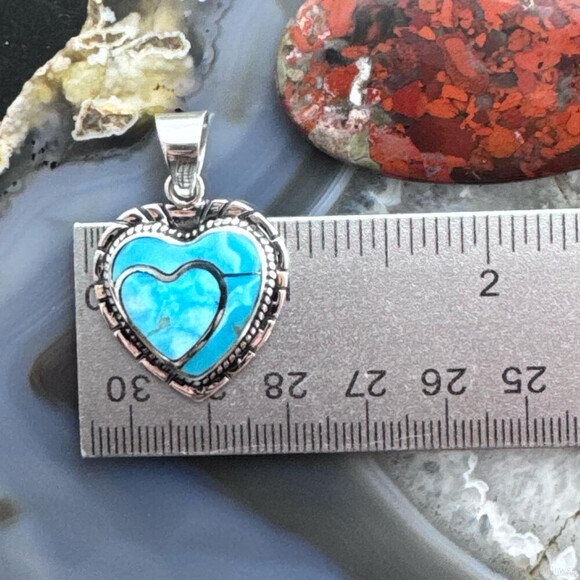 Native American Sterling Blue Ridge Turquoise Decorated Double Heart Pendant - Picture 9 of 10
